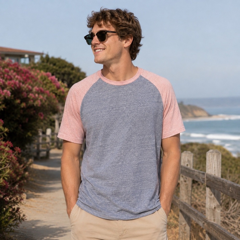George Mens Raglan‎ Baseball Tee Blue Pink Heathered Short Sleeve XL GM20Y008016